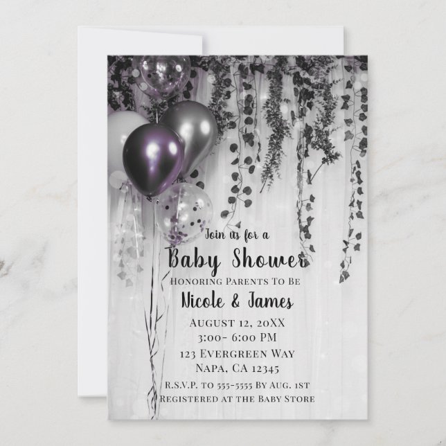 Purple Metallic Party Balloons Ivy Baby Shower Invitation (Front)