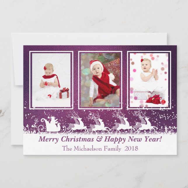 Purple Metallic Santa Snow Photo Christmas Card (Front)