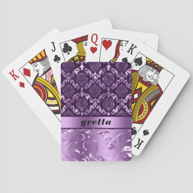 Purple metallic texture floral damask monogram playing cards (Back)