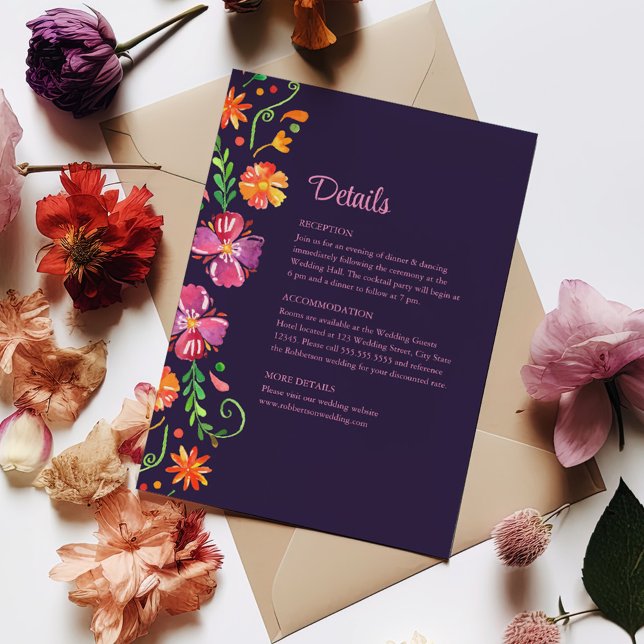 Purple Mexican Floral Fiesta Wedding Details  Invitation (Purple Mexican Floral Fiesta Wedding Details Invitation on a table surrounded with colorful flowers)