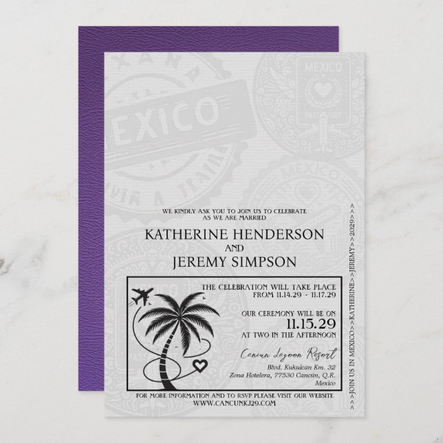 Purple Mexico Passport Wedding Invitation (Front/Back)