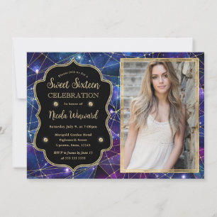 Purple Midnight Crystal Galaxy Sweet Sixteen photo Invitation