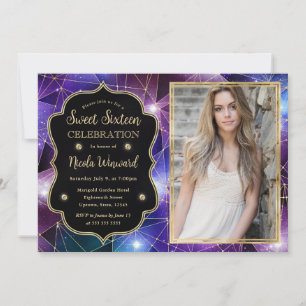 Purple Midnight Crystal Galaxy Sweet Sixteen photo Invitation