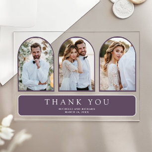 Purple Minimal Arch 3 Photo Wedding Thank You Acrylic Invitations