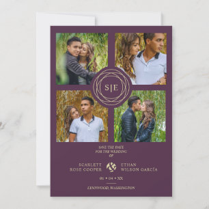 Purple Minimal Initials Wedding Fancy 4 Photos Save The Date