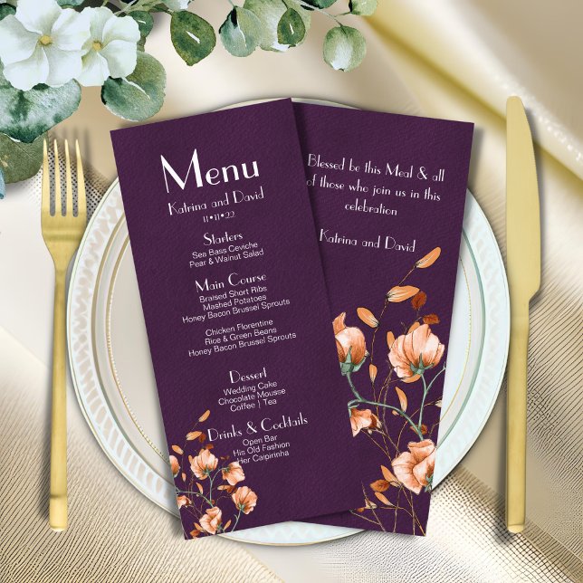 Purple Minimalist Burnt Orange Floral Fall Wedding Menu (Creator Uploaded)