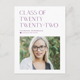 Purple Minimalist Class of 2022 Photo Graduation Announcement Postcard