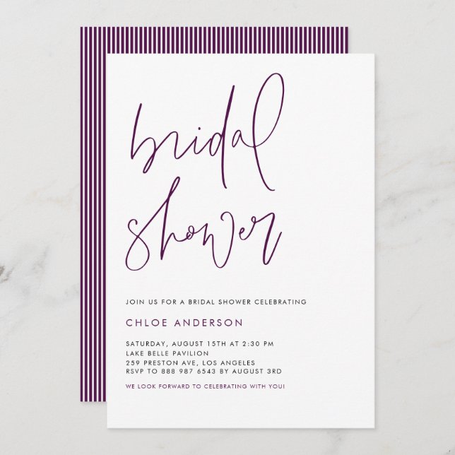 Purple Minimalist Handwritten Bridal Shower Invitation (Front/Back)