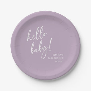 Purple Minimalist Hello Baby Shower Paper Plate