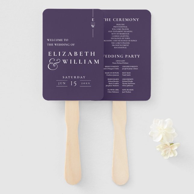 Purple Minimalist Modern Monogram Wedding Program Hand Fan (Front and Back)