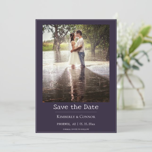 Purple Minimalist Modern Photo  Save The Date (Standing Front)