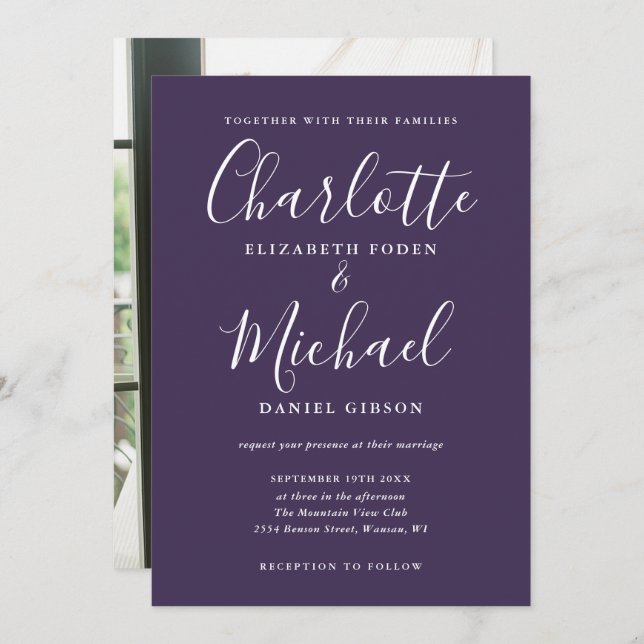 Purple Minimalist Script Photo Wedding Invitation (Front/Back)