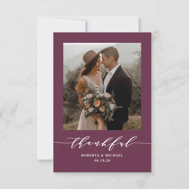 Purple Minimalist Thankful Script Wedding Thank You Card (Front)