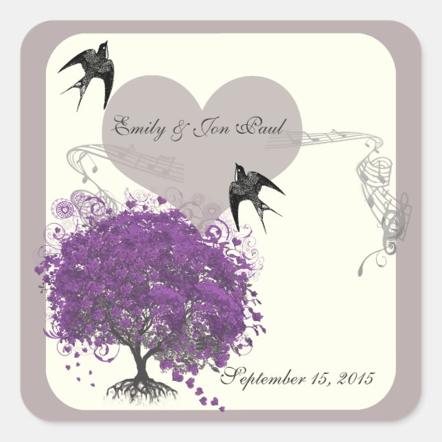 Purple Mink Heart Leaf Tree Weddings Square Sticker (Front)