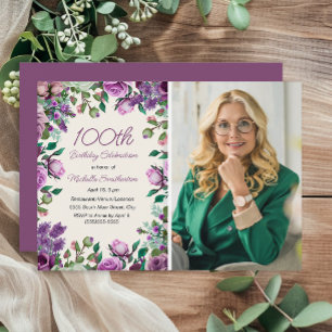 Purple Mint Green Floral 100th Birthday Photo Invitation