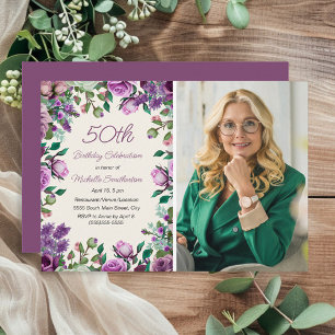 Purple Mint Green Floral 50th Birthday Photo  Invitation