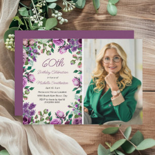 Purple Mint Green Floral 60th Birthday Photo  Invitation