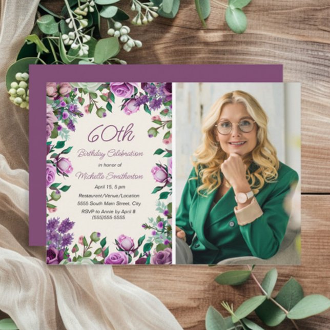 Purple Mint Green Floral 60th Birthday Photo  Invitation (Purple floral and mint green leaves 60th birthday party photo invitation)