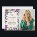 Purple Mint Green Floral 80th Birthday Photo  Invitation<br><div class="desc">Celebrate a milestone with elegance using this purple floral photo birthday invitation. Featuring a border of watercolor roses and lilacs in shades of lavender, plum, and green, the design highlights the guest of honour’s name and celebration details on one side, with space for a personalised photo on the other. Perfect...</div>