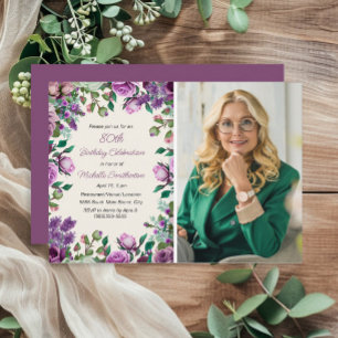 Purple Mint Green Floral 80th Birthday Photo  Invitation