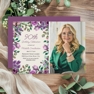 Purple Mint Green Floral 90th Birthday Photo Invitation