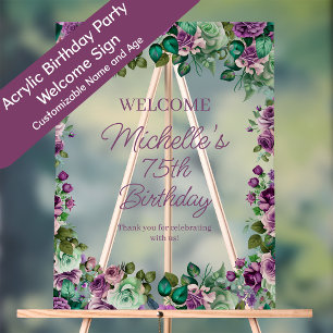 Purple Mint Green Floral Birthday Party Welcome Acrylic Sign
