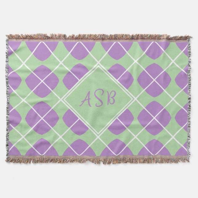 Purple Mint Green Mod Argyle Script Monogram Throw Blanket (Front)