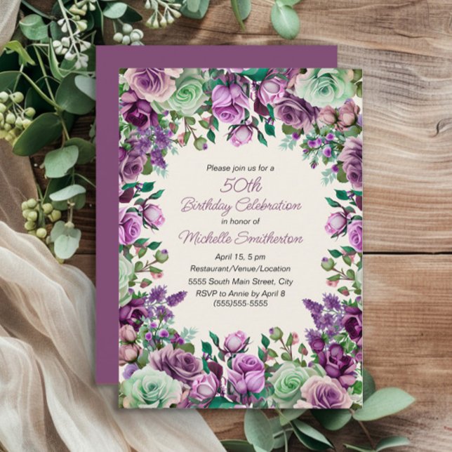 Purple Mint Green Watercolor Floral 50th Birthday Invitation (Purple floral and mint green leaves 50th birthday invitation)