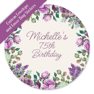 Purple Mint Green Watercolor Floral 75th Birthday Classic Round Sticker