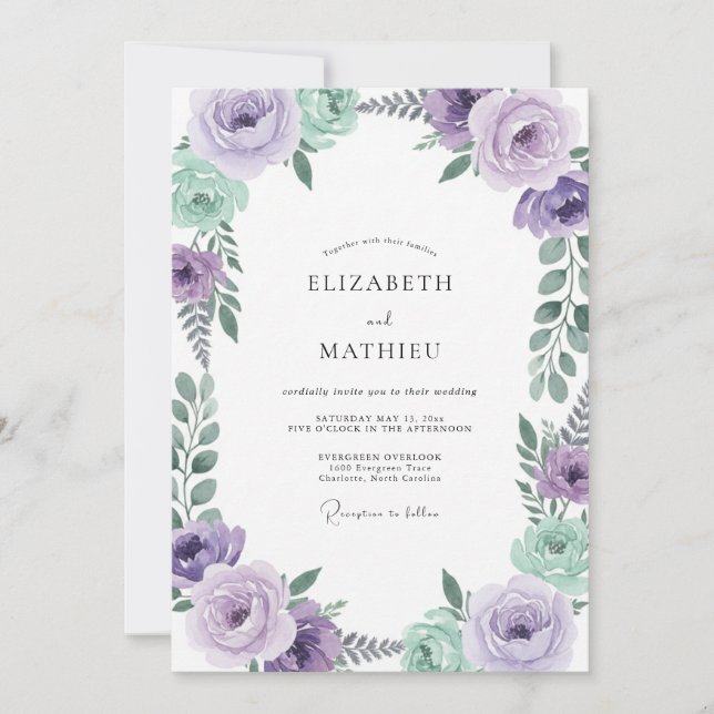 Purple Mint Leafy Wedding Invitation (Front)