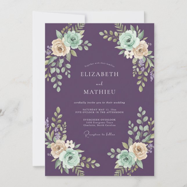 Purple Mint Watercolor Wedding Invitation (Front)