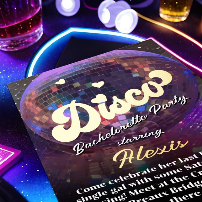 Purple Mirror Disco Ball Bachelorette Dance Party (Last Disco themed bachelorette dance party invitation with purple mirror ball and real foil accents)