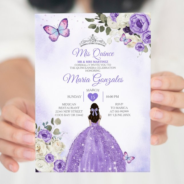 Purple Mis Quince Lavender 15 Anos Silver Crown Invitation (Creator Uploaded)