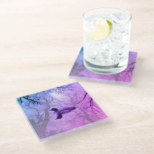 Purple Mist trees black and white loon on a lake Glass Coaster