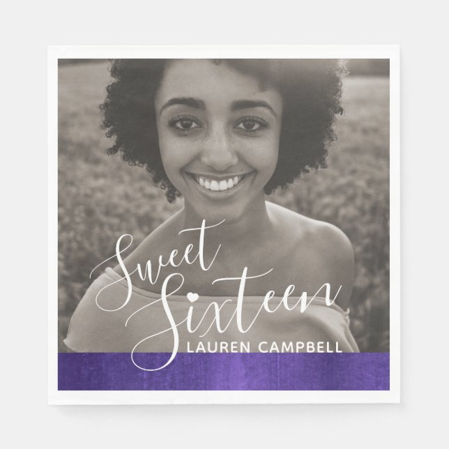 Purple modern art sweet sixteen photo template napkin (Front)