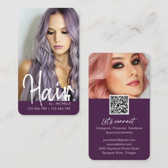 Purple Modern chic Hair Stylish QR code photo Business Card (Front/Back)
