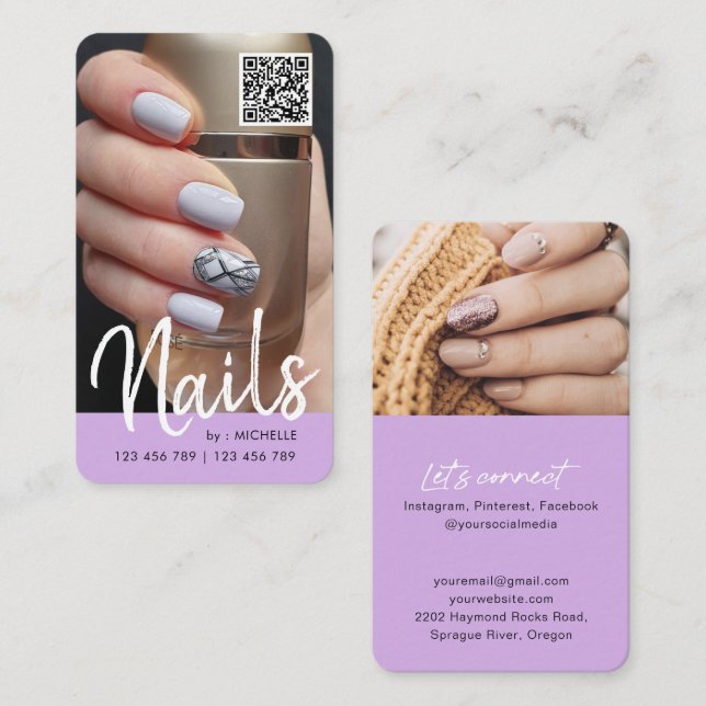 Purple Modern chic QR code nails photo Business Card (Front/Back)