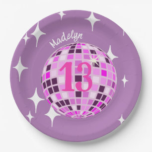 Purple Modern Disco Mirror Ball 13th Birthday Paper Plate