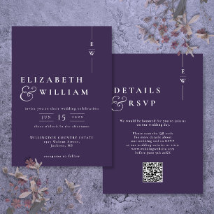 Purple Modern Elegant Monogram Wedding QR Code Invitation