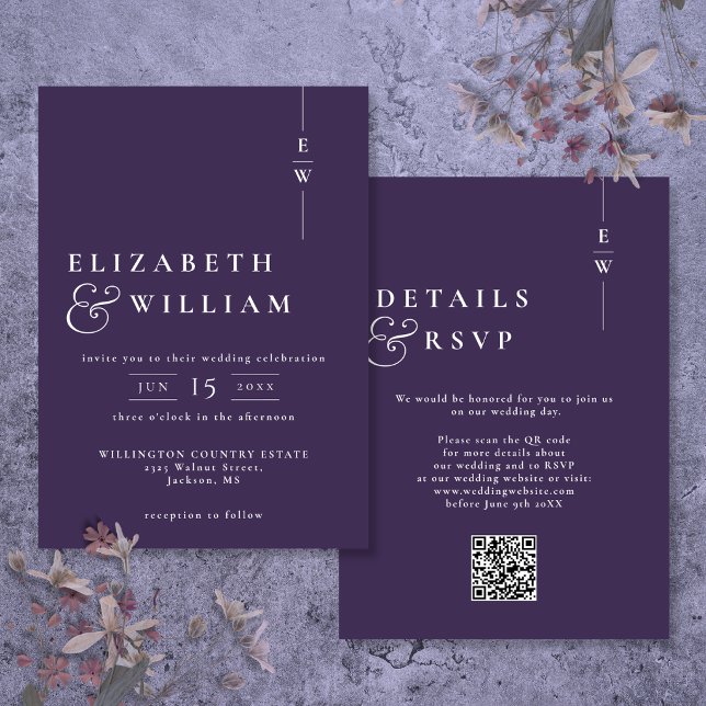 Purple Modern Elegant Monogram Wedding QR Code Invitation (Purple Modern Elegant Monogram Wedding QR Code Invitation)