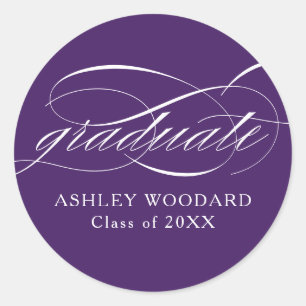 Purple Modern Elegant Script Graduation Classic Round Sticker