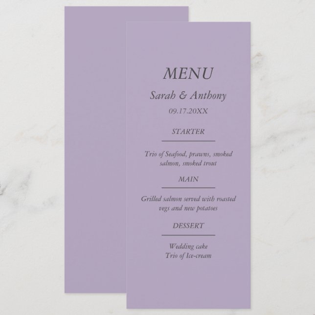 Purple Modern Minimalist Simple Wedding Food  Menu (Front/Back)