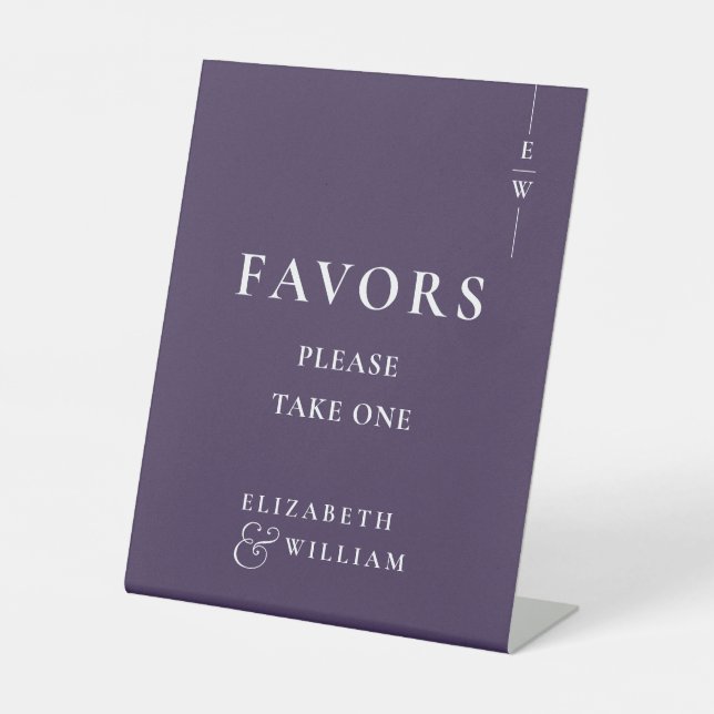 Purple Modern Monogram Favours Wedding Pedestal Sign (Front)