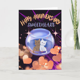 Purple Modern Neon Heart Cat Wedding Anniversary Thank You Card