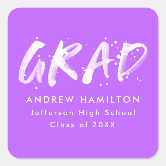Purple | Modern Paint Splatter Graduation Square Sticker (Front)