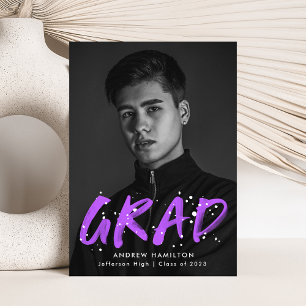 Purple   Modern Paint Splatter Photo Graduation Announcement