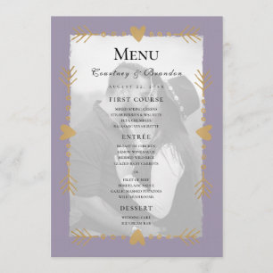 Purple Modern Photo Gold Hearts Wedding Menu
