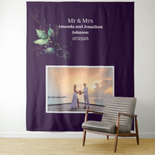 Purple Modern Photo Greenery Wedding Backdrop Tapestry