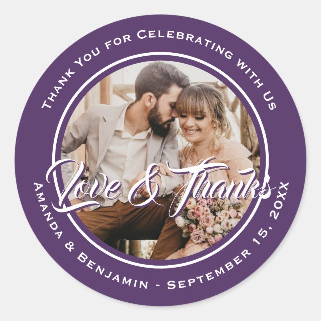 Purple Modern Script Wedding Photo Favour Classic Round Sticker (Front)