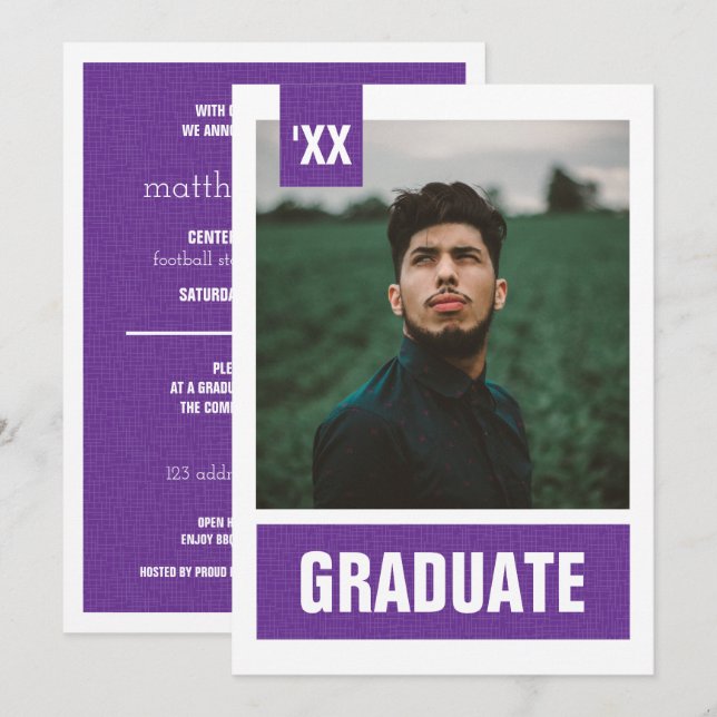Purple Modern Textured Photo Graduation Invitation (Front/Back)